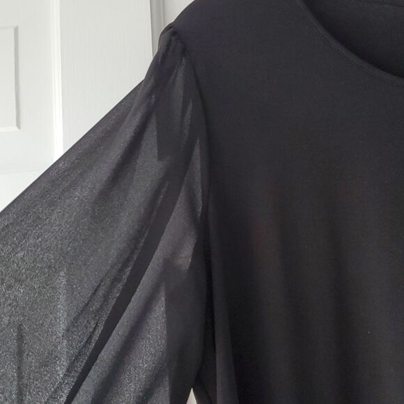 CALVIN KLEIN BLACK SHEER PUFF SLEEVE KNIT TOP SIZE LARGE MINIMALIST CAPSULE - Picture 2 of 10